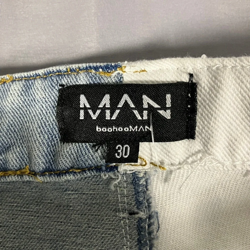 BoohooMAN Men's Size 30 Loose Fit Spliced Denim‎ Shorts Ice Blue